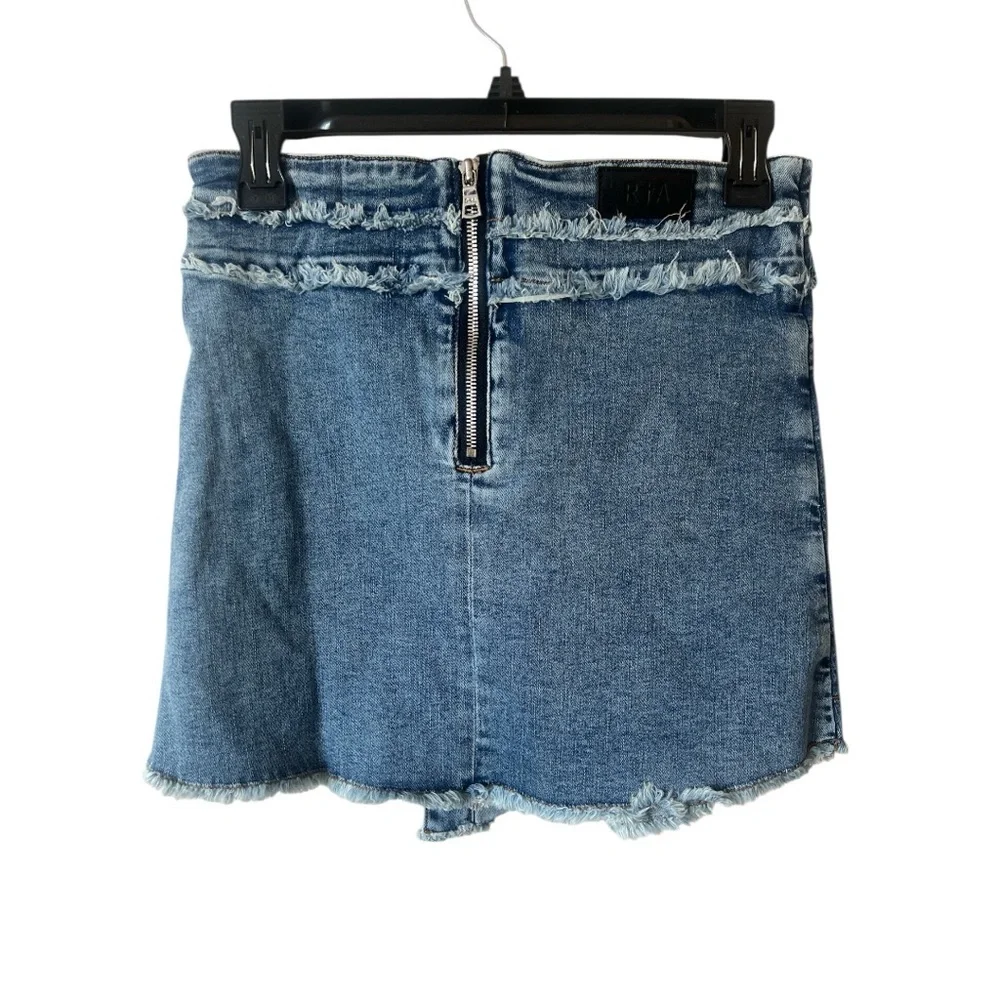 RTA Denim Faux Wrap Mini Skirt Cargo Pocket Frayed Hem Blue Size Small NWT